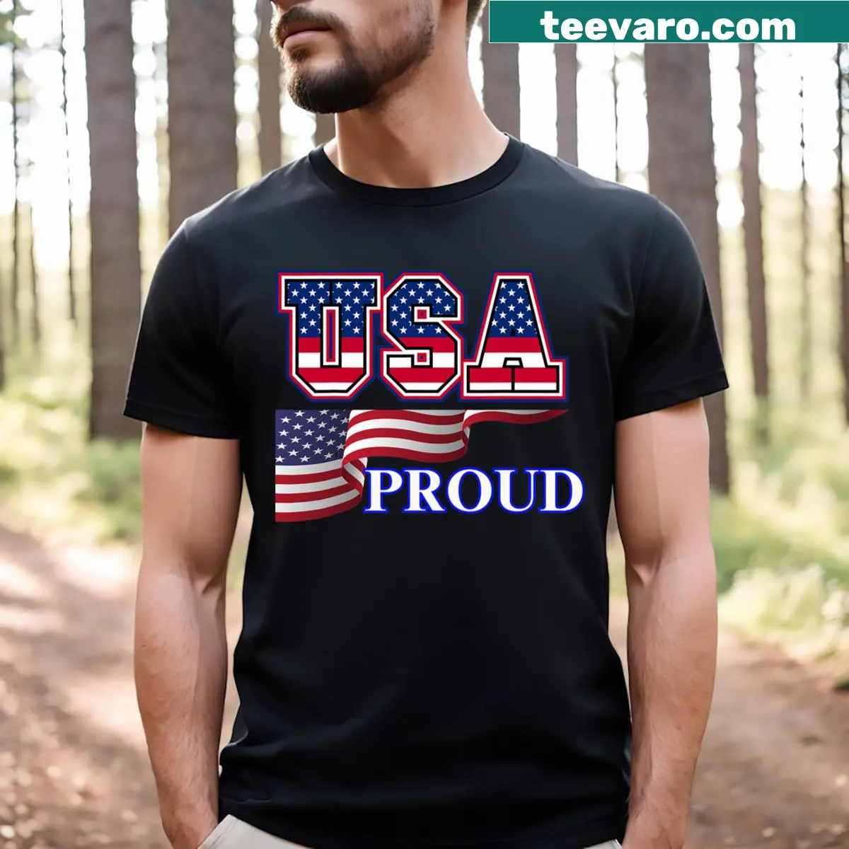 American flag graphic on patriotic T-shirt — on a men's t-shirt
