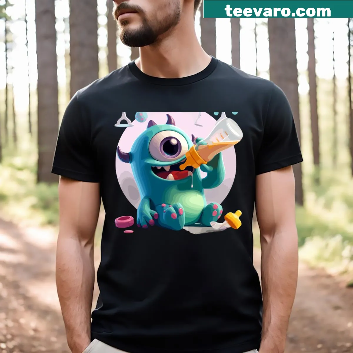 Illustrated baby monster reaching for a bottle on a T-shirt — on a men's t-shirt