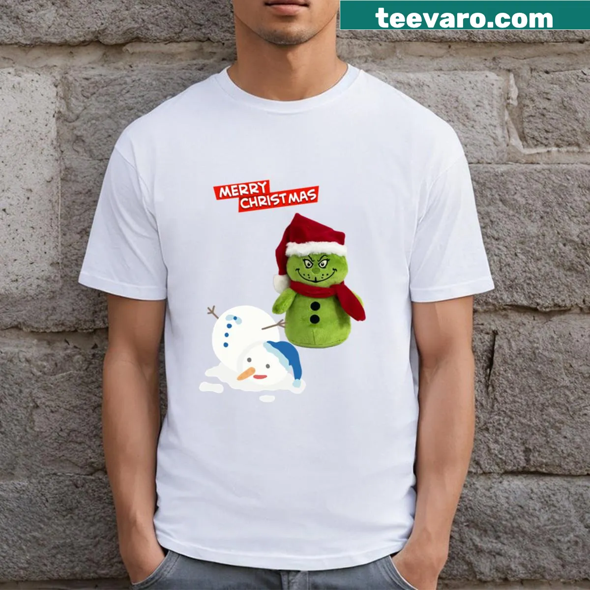 Humorous green snowman graphic t-shirt with dark humor theme — on a men's t-shirt