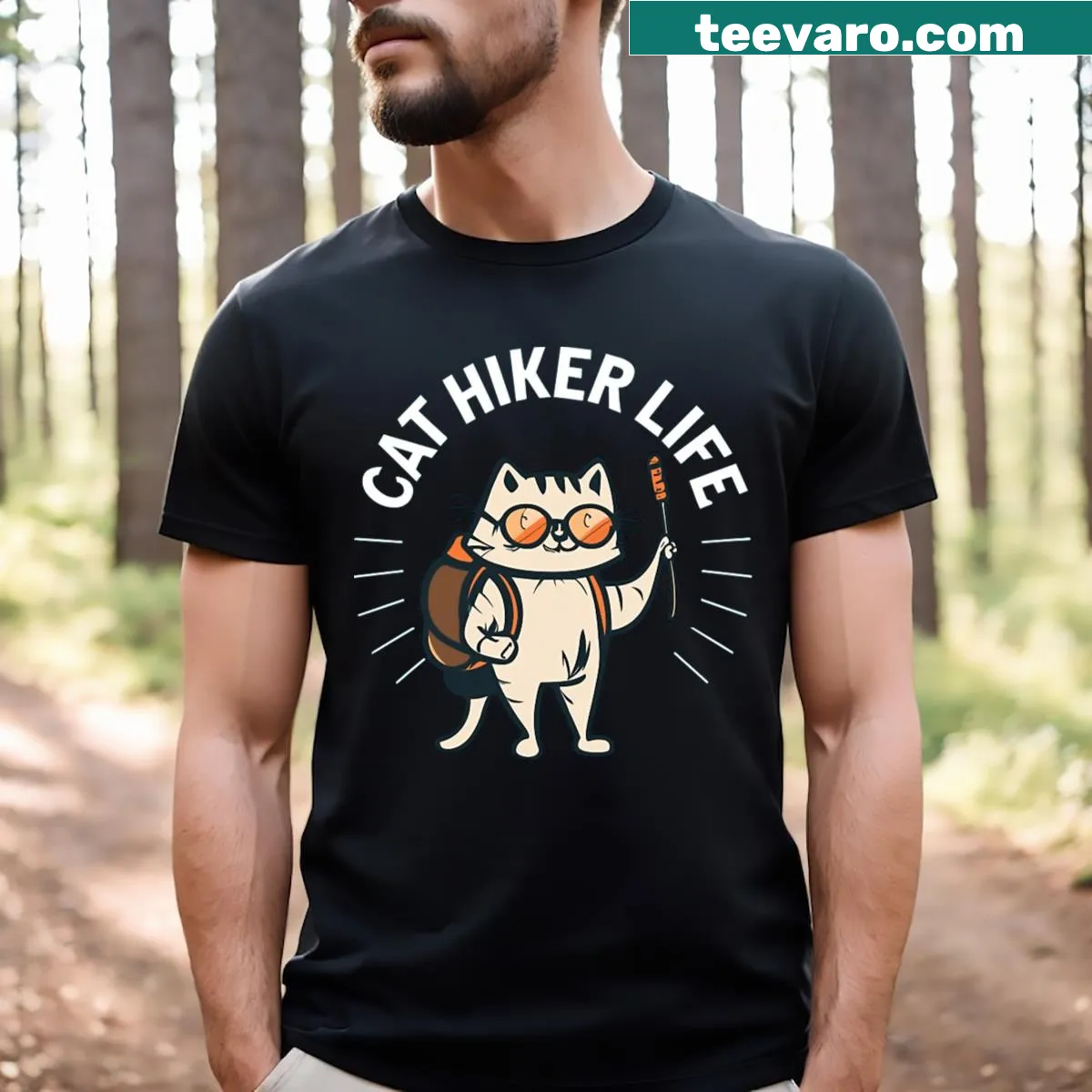 Playful hiking-themed text with cat graphics — on a men's t-shirt