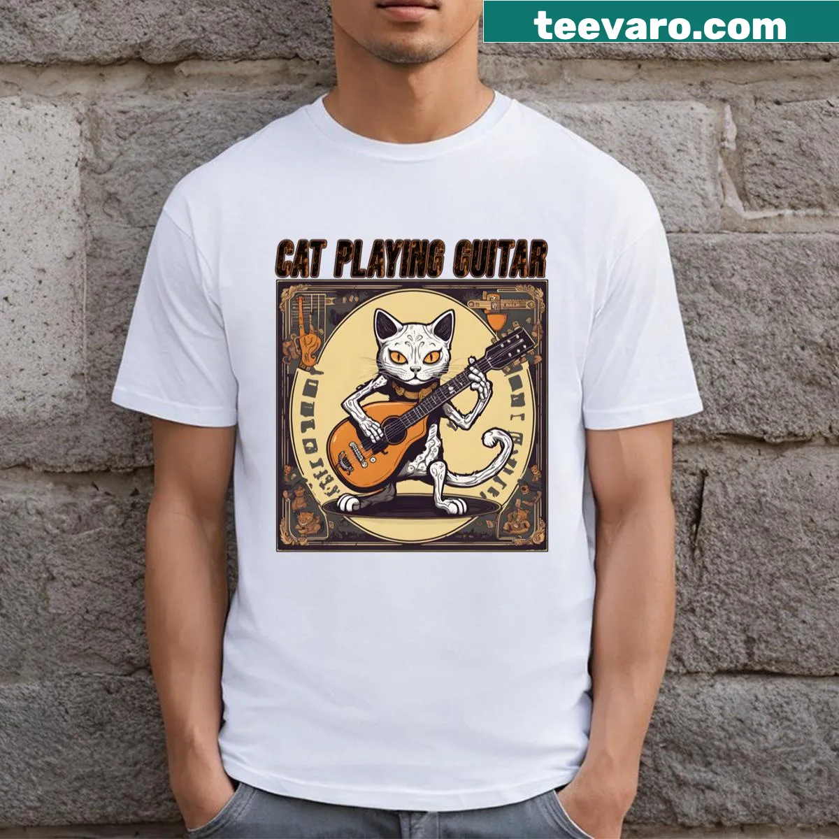 Cartoon cat playing guitar on a humorous T-shirt — on a men's t-shirt