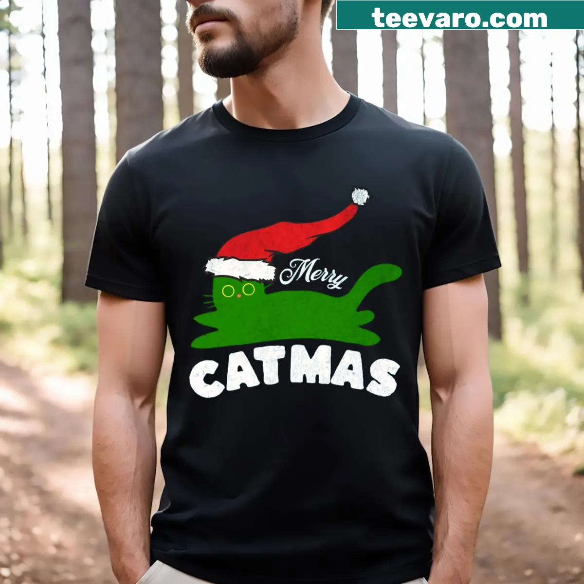 Joyful Christmas T-shirt featuring a cat with a Santa hat — on a men's t-shirt