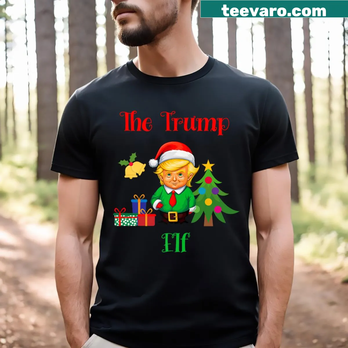 Whimsical elf mug shot graphic on a holiday tee — on a men's t-shirt