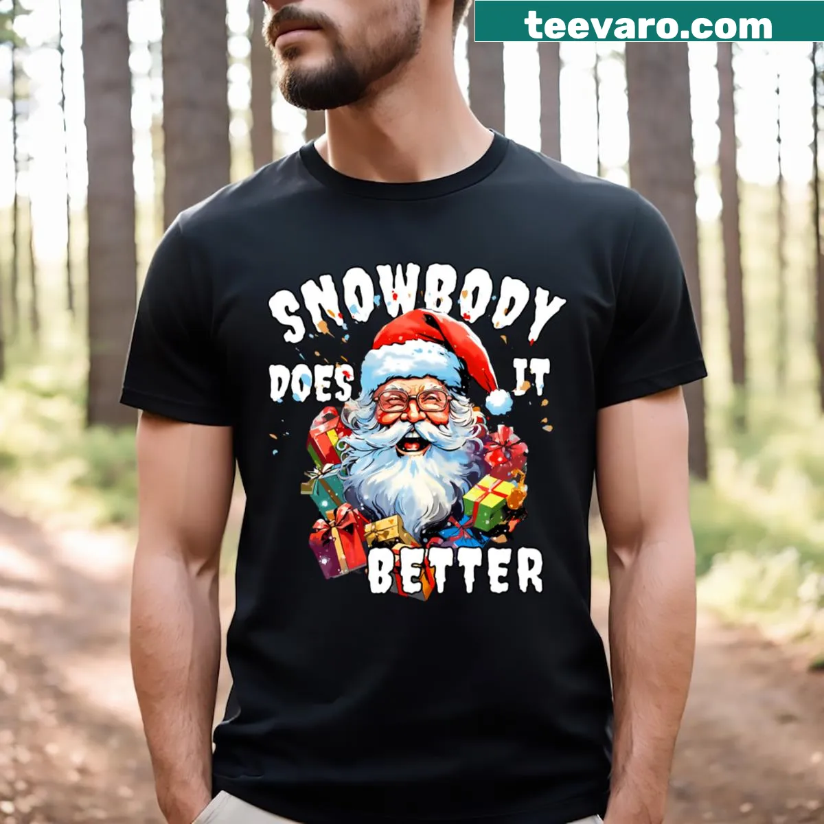 Funny Christmas T-shirt with Santa and Snowbody text — on a men's t-shirt