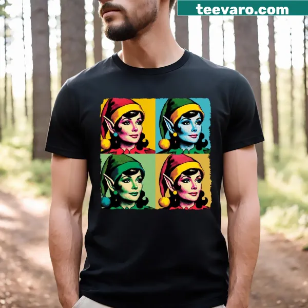 Pop art style T-shirt featuring a whimsical Christmas elf