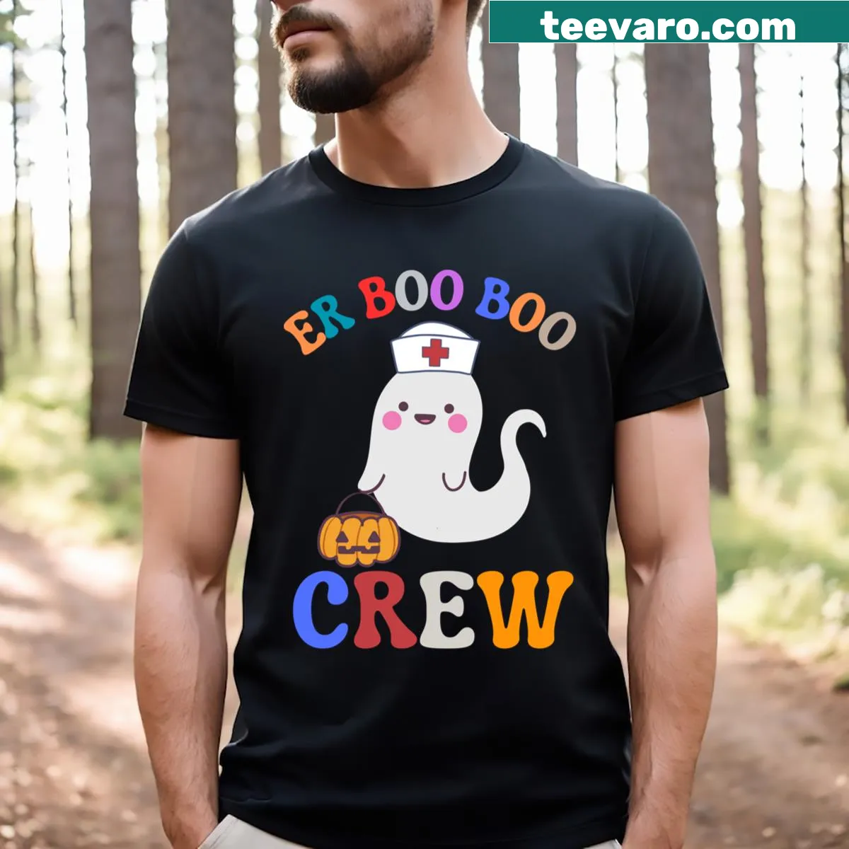 Funny nurse t-shirt with 'Er Boo Boo Crew' graphic — on a men's t-shirt