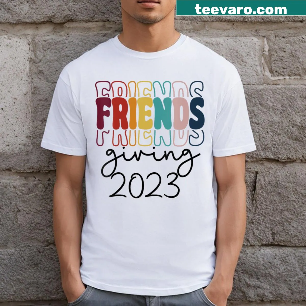 Funny Friendsgiving V-neck t-shirt for Thanksgiving 2023 — on a men's t-shirt