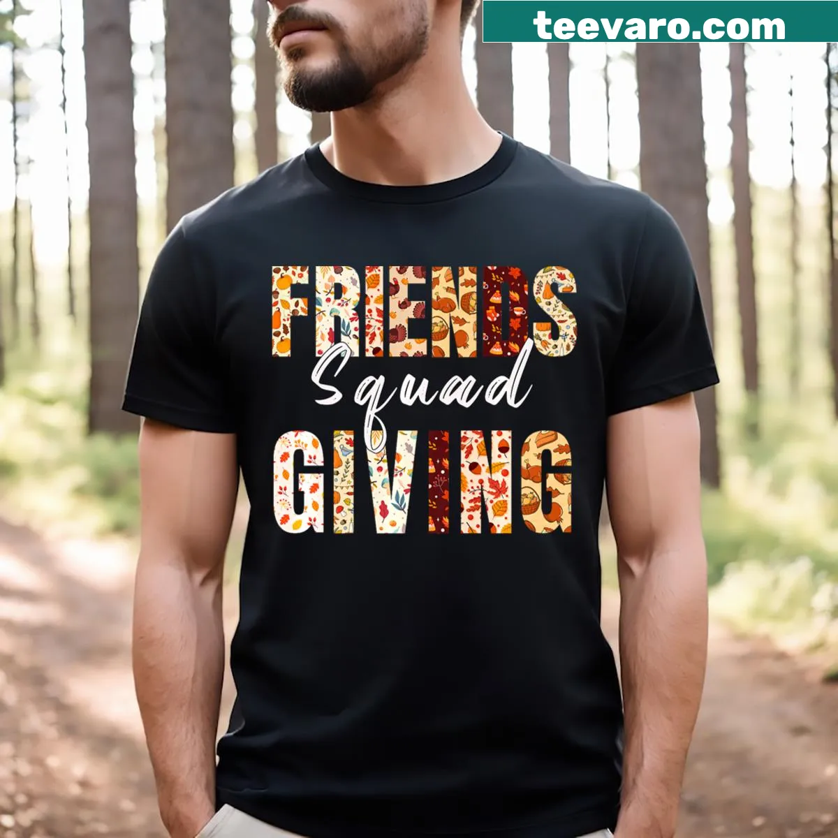 Matching Friendsgiving squad t-shirt for Thanksgiving — on a men's t-shirt