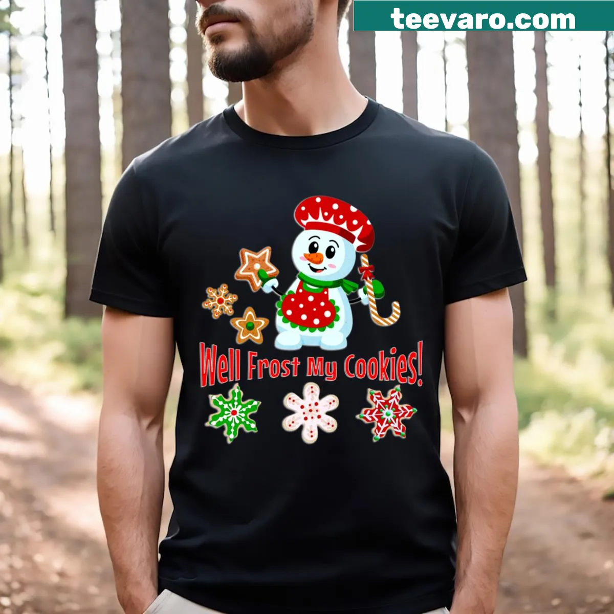 Funny Christmas t-shirt with snowman and 'Frost My Cookies' text — on a men's t-shirt