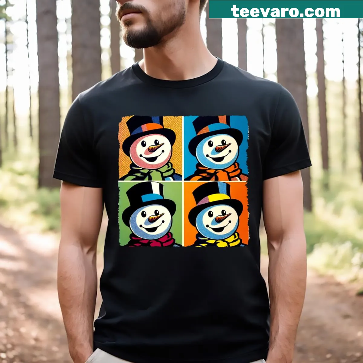 Pop art snowman design on a playful t-shirt — on a men's t-shirt