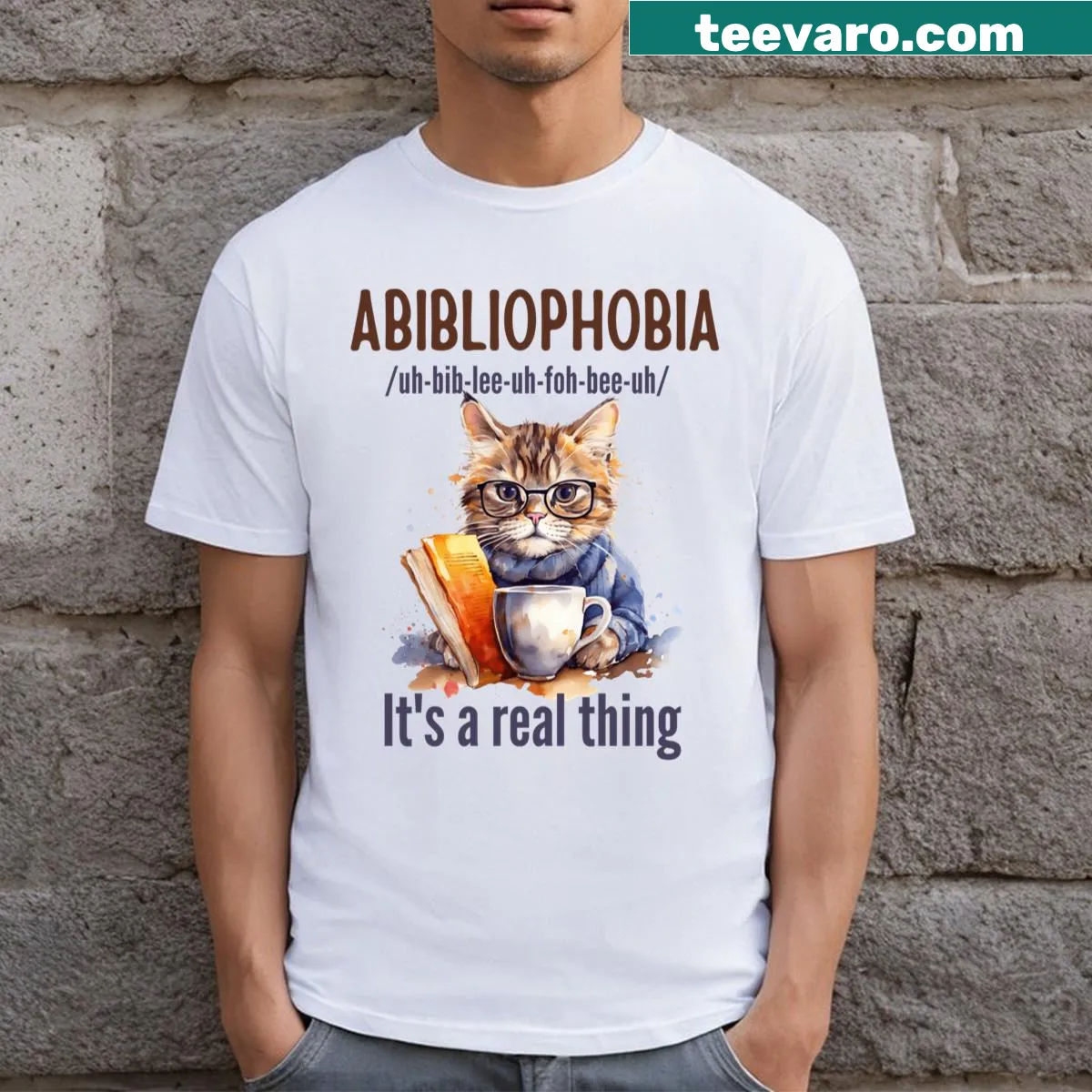 Watercolor cat with coffee and books graphic on a T-shirt — on a men's t-shirt