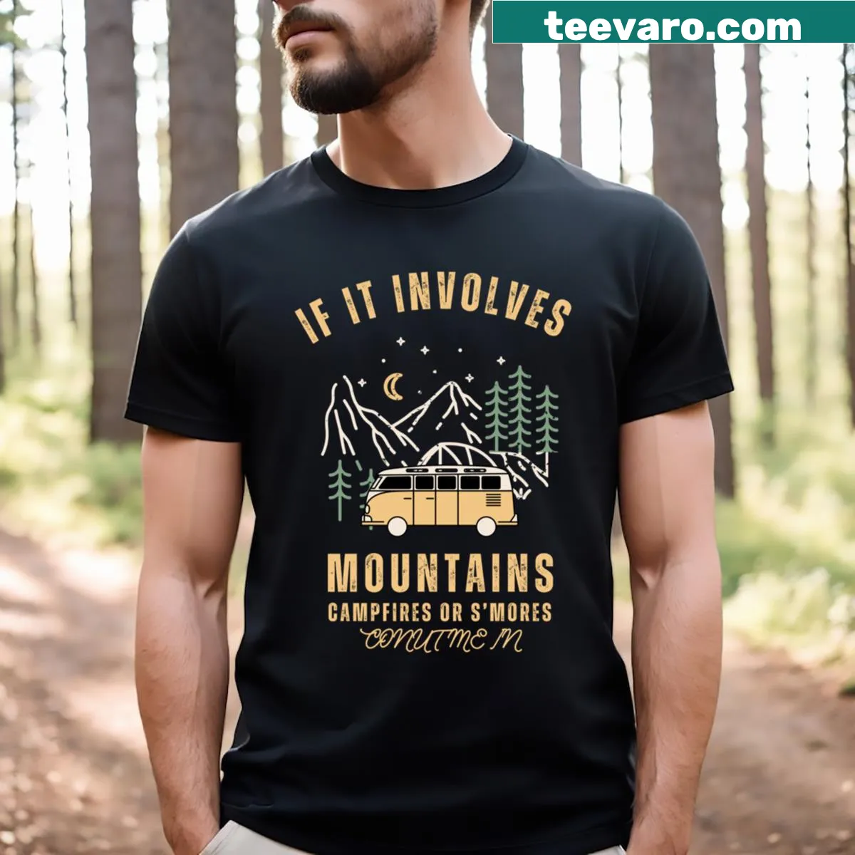 Vintage distressed T-shirt with a camping theme and mountain quote — on a men's t-shirt