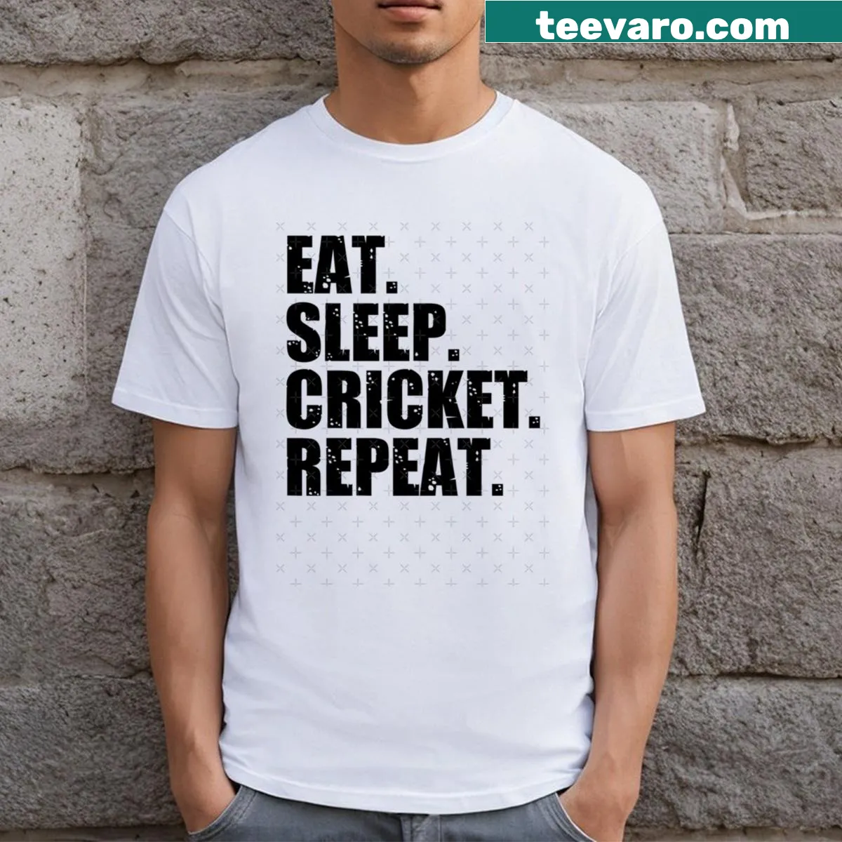 Funny typography T-shirt with Eat Sleep Cricket Repeat slogan — on a men's t-shirt