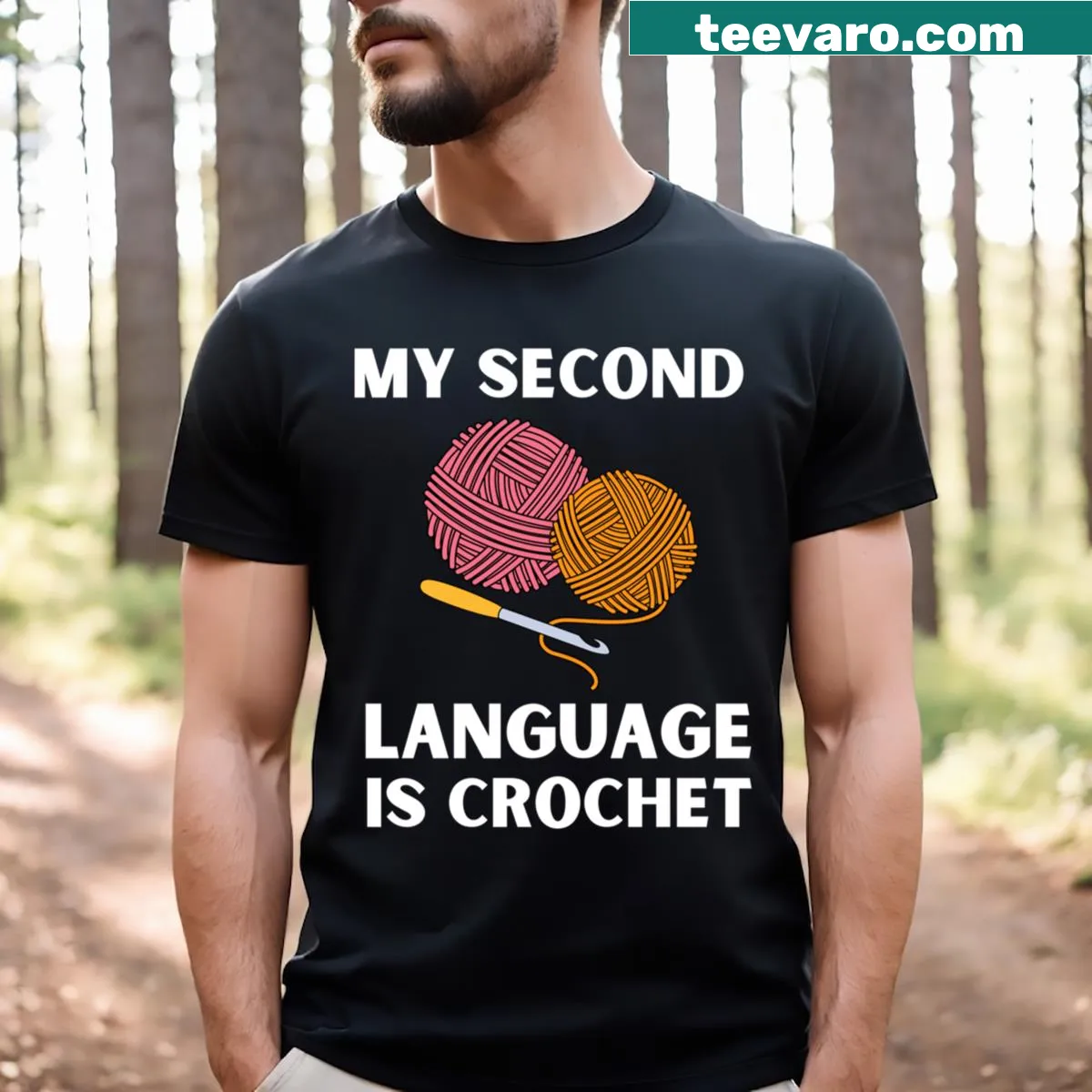 Funny crochet T-shirt with playful saying for crocheters — on a men's t-shirt