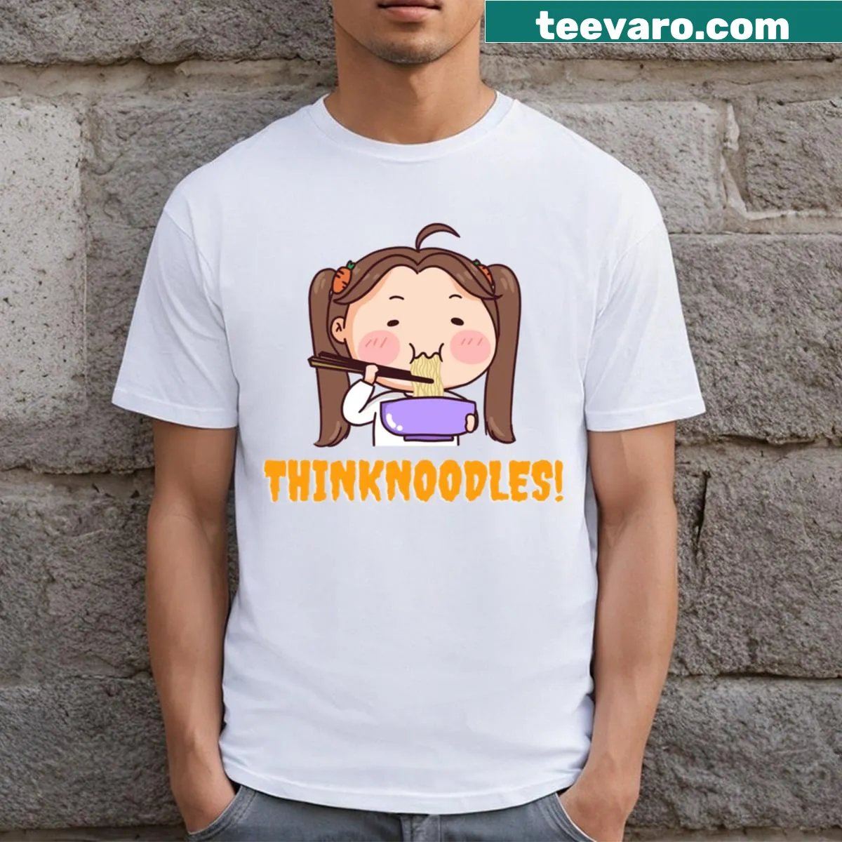 Cute t-shirt featuring a girl eating noodles in a playful design — on a men's t-shirt
