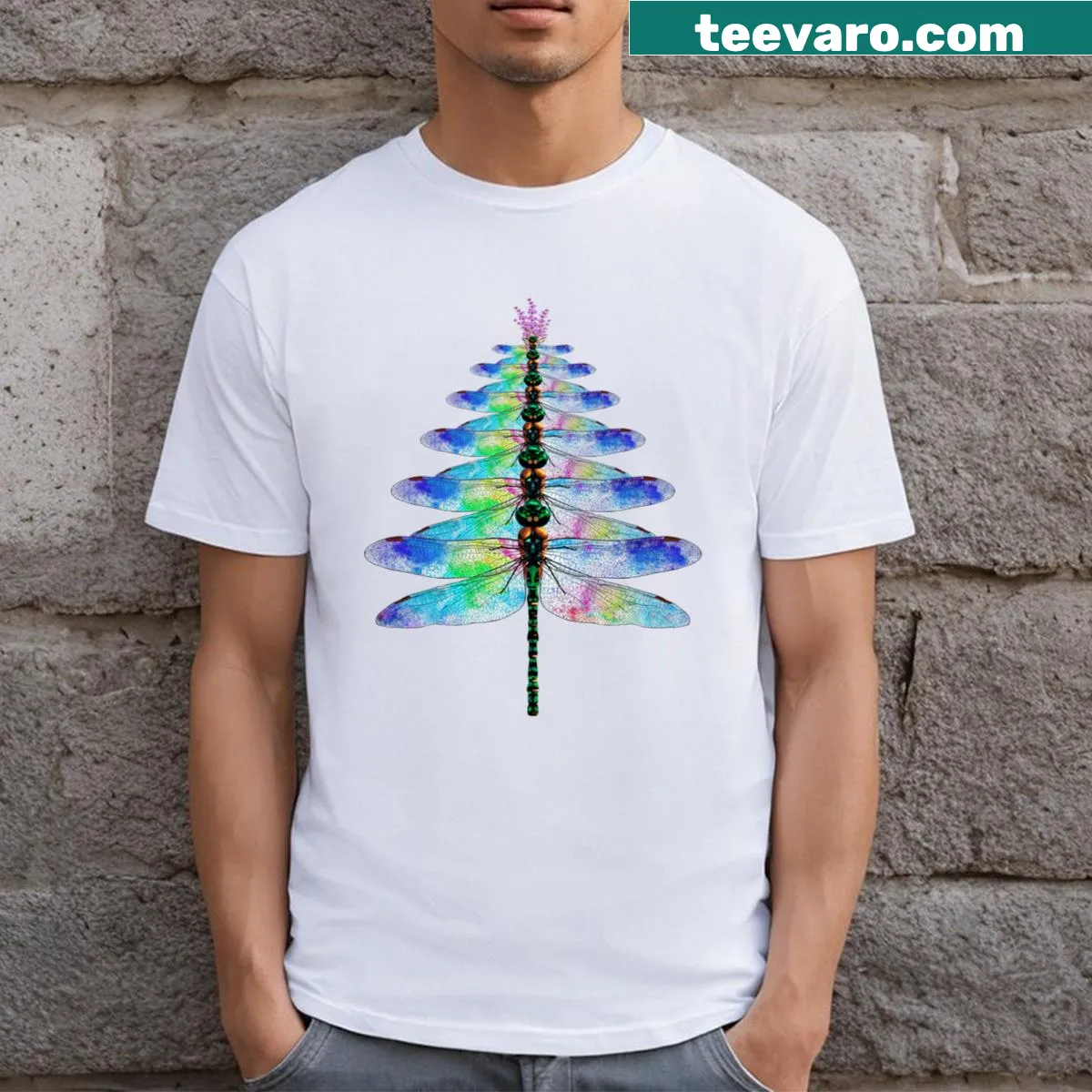 Cartoon dragonfly on a Christmas tree T-shirt — on a men's t-shirt