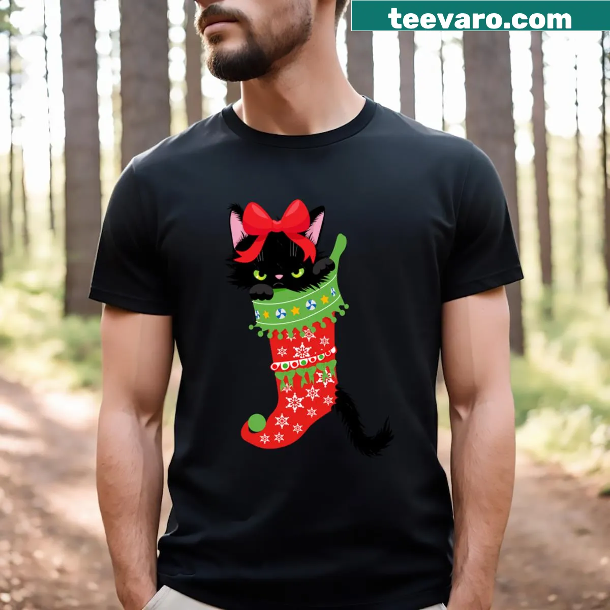 Christmas T-shirt with cute kitten graphics for cat lovers — on a men's t-shirt