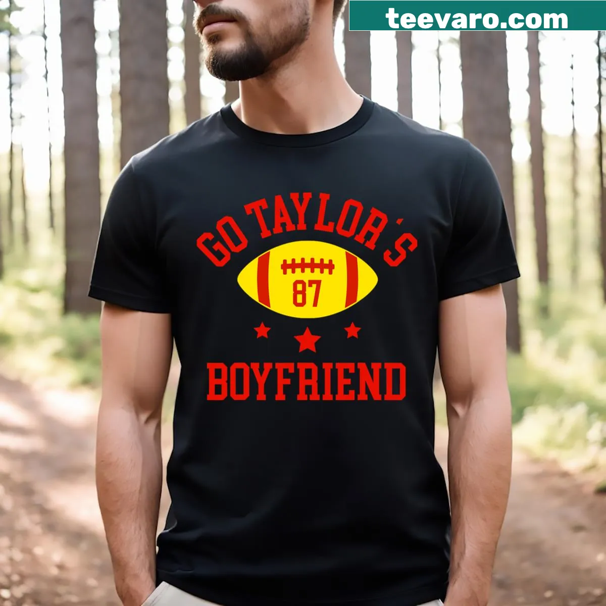 Funny football-themed t-shirt with 'Go Taylor's Boyfriend' text — on a men's t-shirt
