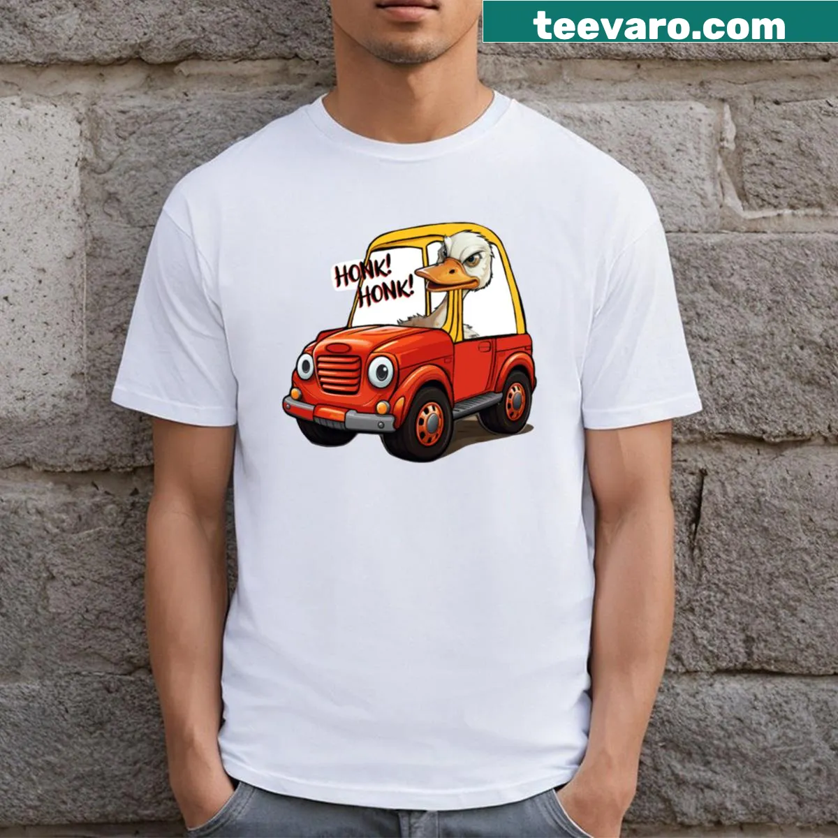 Cartoon goose driving a Little Tykes car on a kids t-shirt — on a men's t-shirt