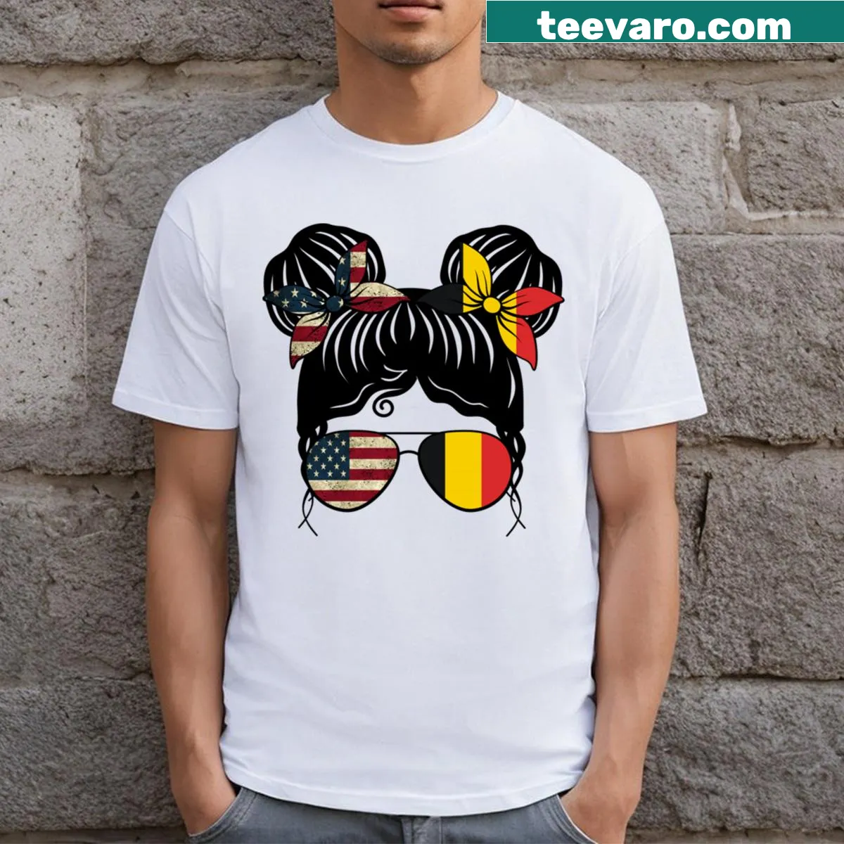 Illustration featuring USA and Belgium flags for a proud girl. — on a men's t-shirt