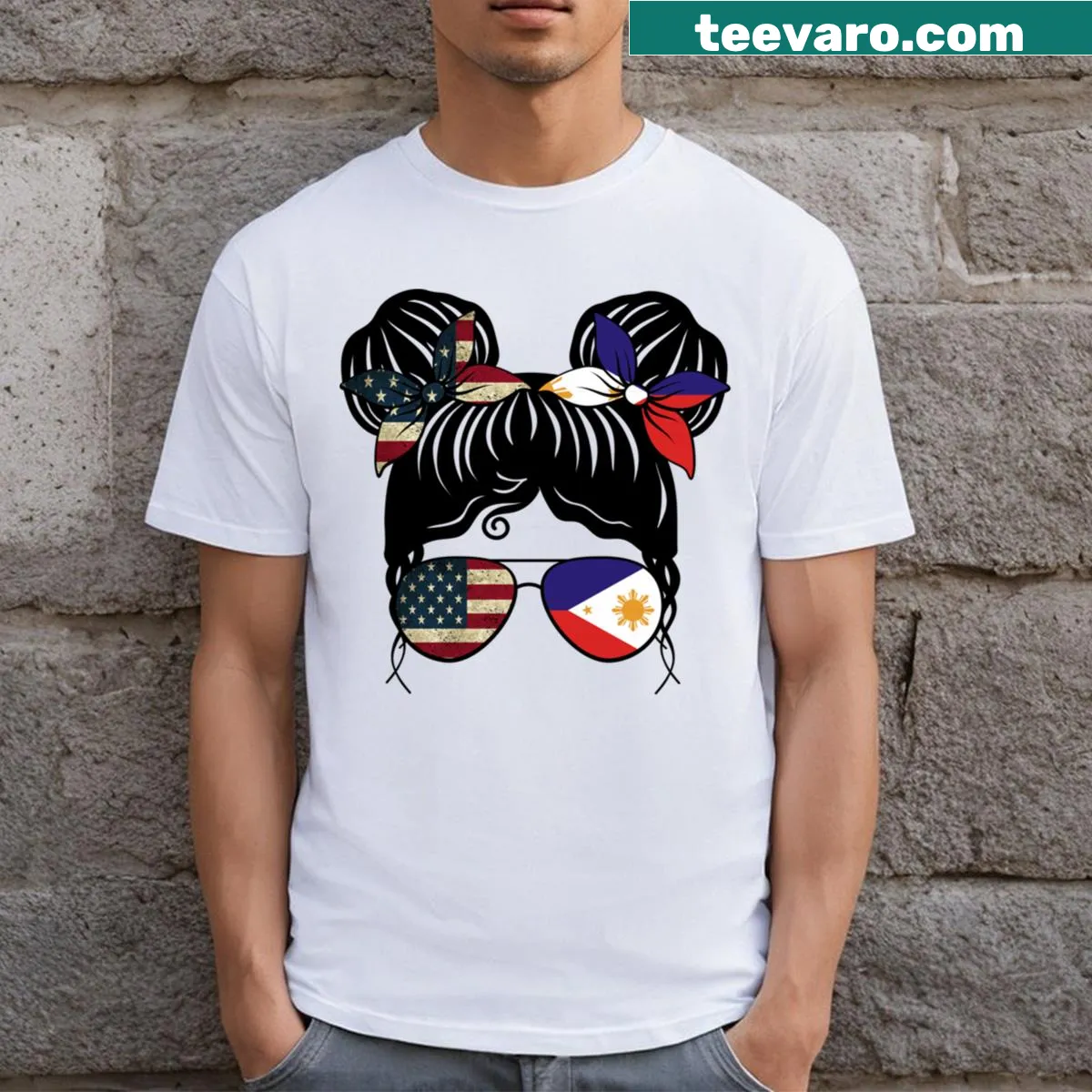 Kids t-shirt featuring half American and half Filipino flags — on a men's t-shirt