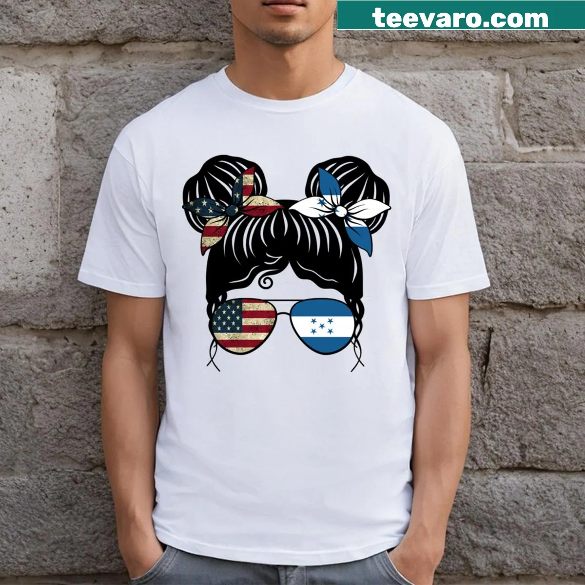 T-shirt featuring American and Honduran flags with a girl illustration. — on a men's t-shirt
