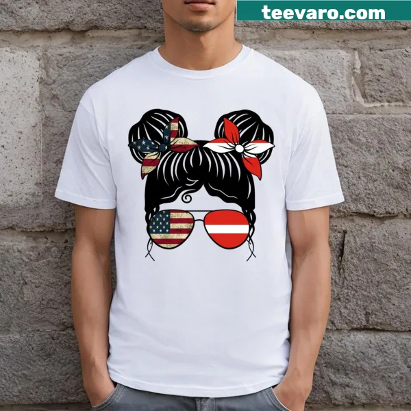 Kids T-shirt showing the USA and Latvia flags for a multicultural girl.