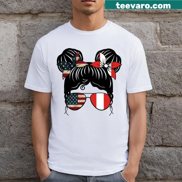 Kids T-shirt showcasing the USA and Peru flags for a multicultural girl.