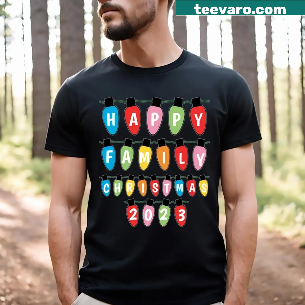 Happy Family Christmas 2023 T-shirt with festive illustrations — on a men's t-shirt