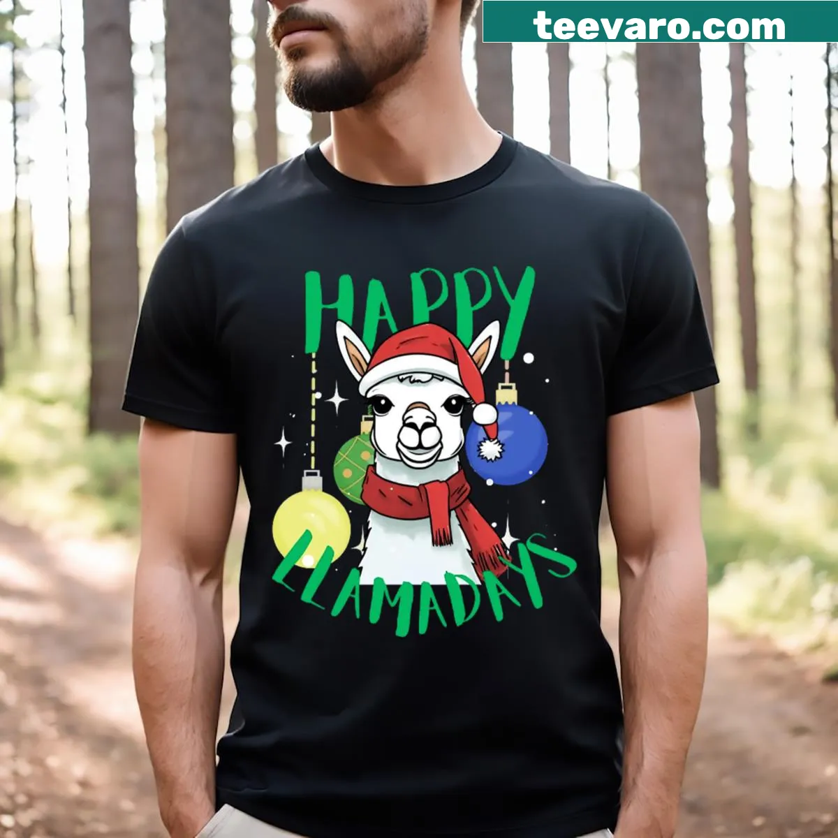 Cheerful Christmas T-shirt featuring a whimsical llama graphic — on a men's t-shirt