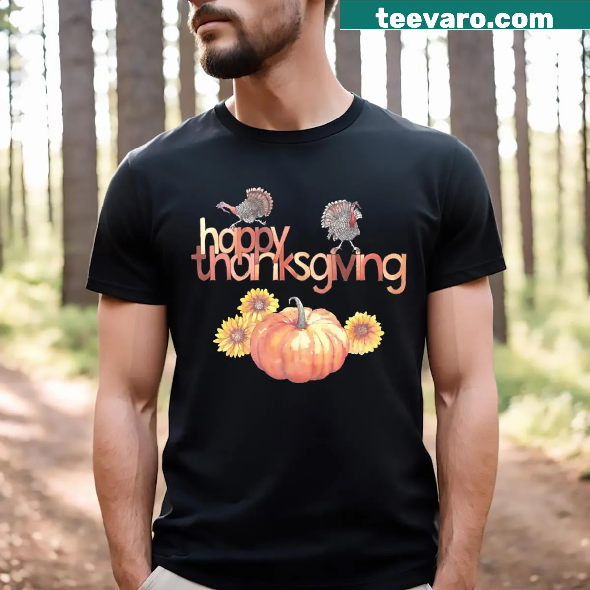 Thanksgiving shirt with turkey, pumpkin, and sunflowers design — on a men's t-shirt