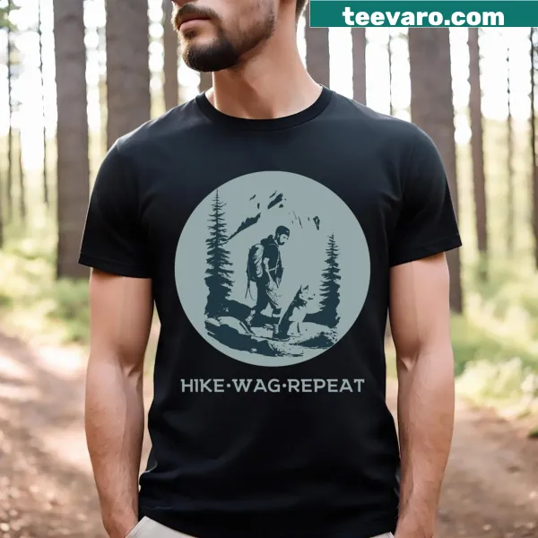 Illustration of a man and dog hiking with 'Hike Wag Repeat' text