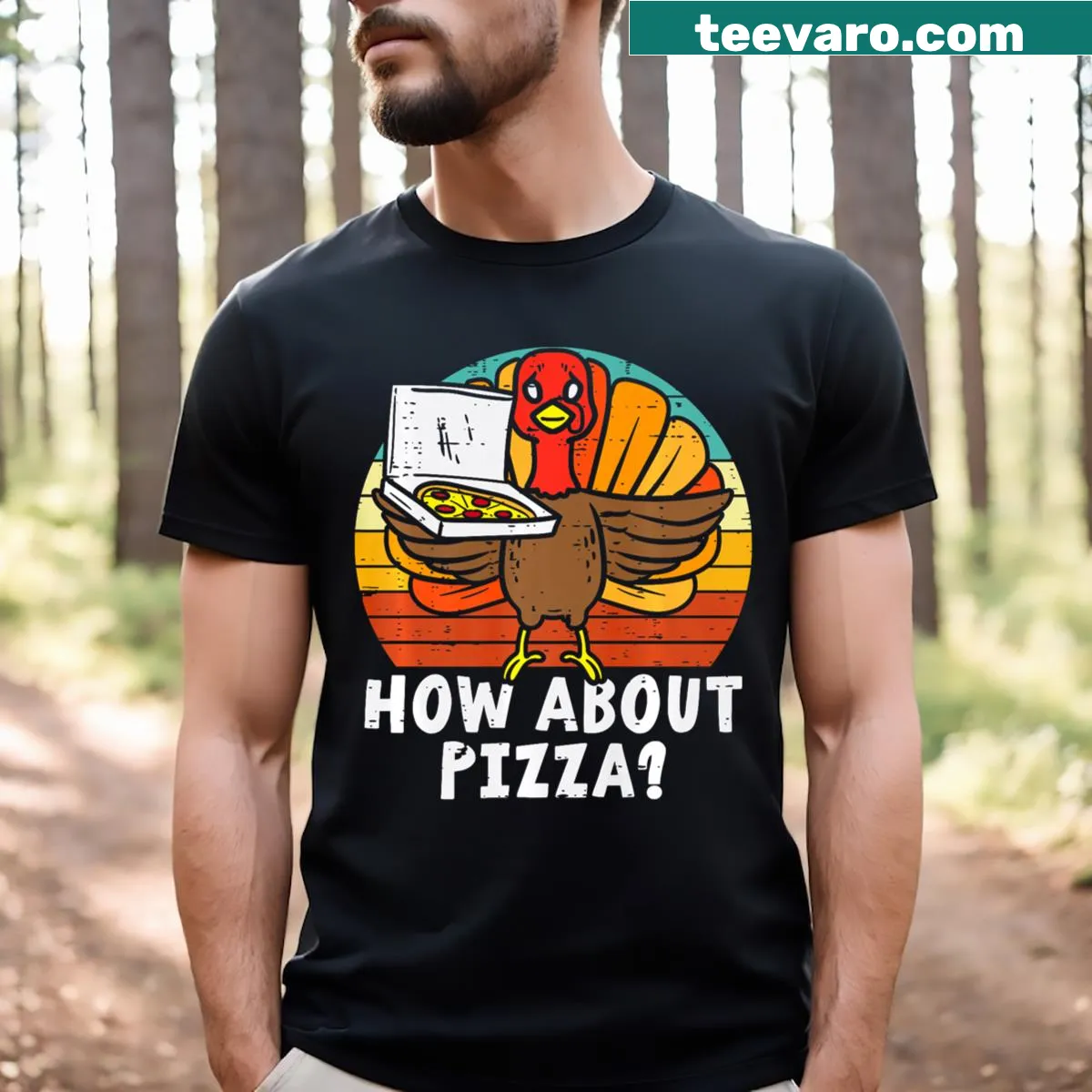 Humorous retro design of pizza and turkey for Thanksgiving. — on a men's t-shirt