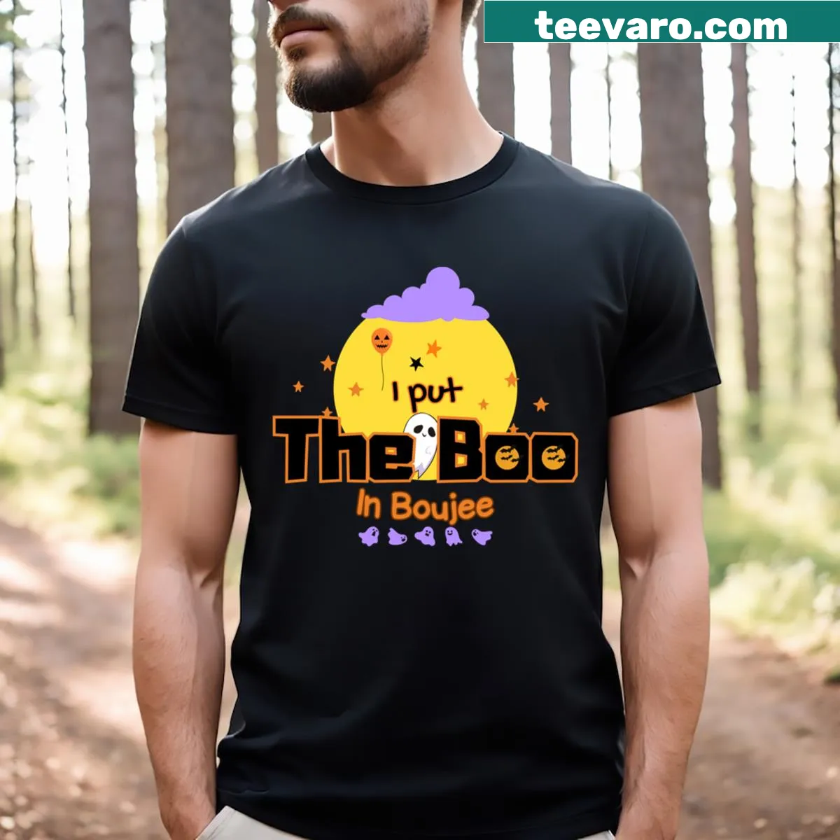 Funny Halloween t-shirt featuring the phrase 'I Put The Boo The Boujee' — on a men's t-shirt