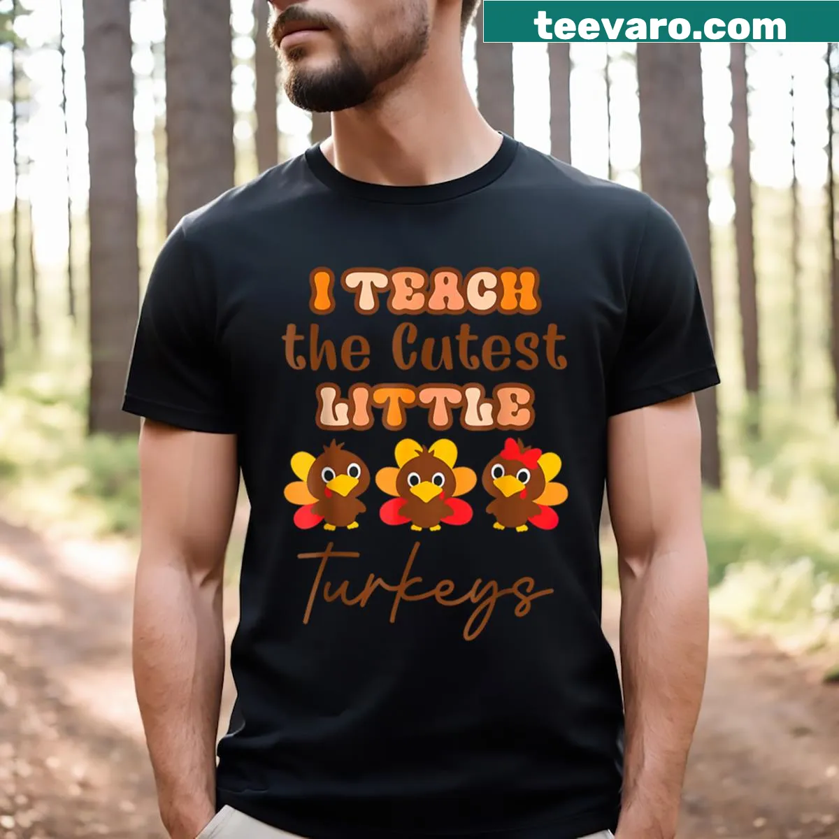 Cute Thanksgiving shirt for teachers featuring turkeys and playful text — on a men's t-shirt