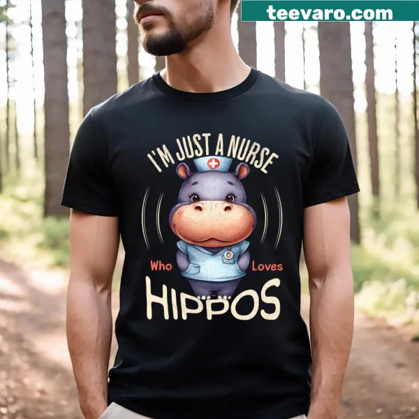 Cute nurse t-shirt featuring hippos and whimsical text