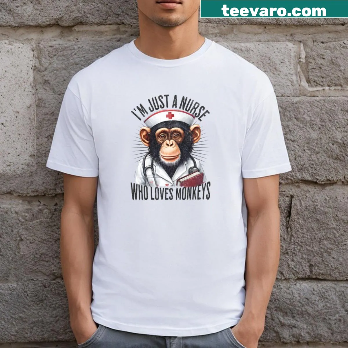 Funny nurse t-shirt with smiling monkeys and whimsical text — on a men's t-shirt