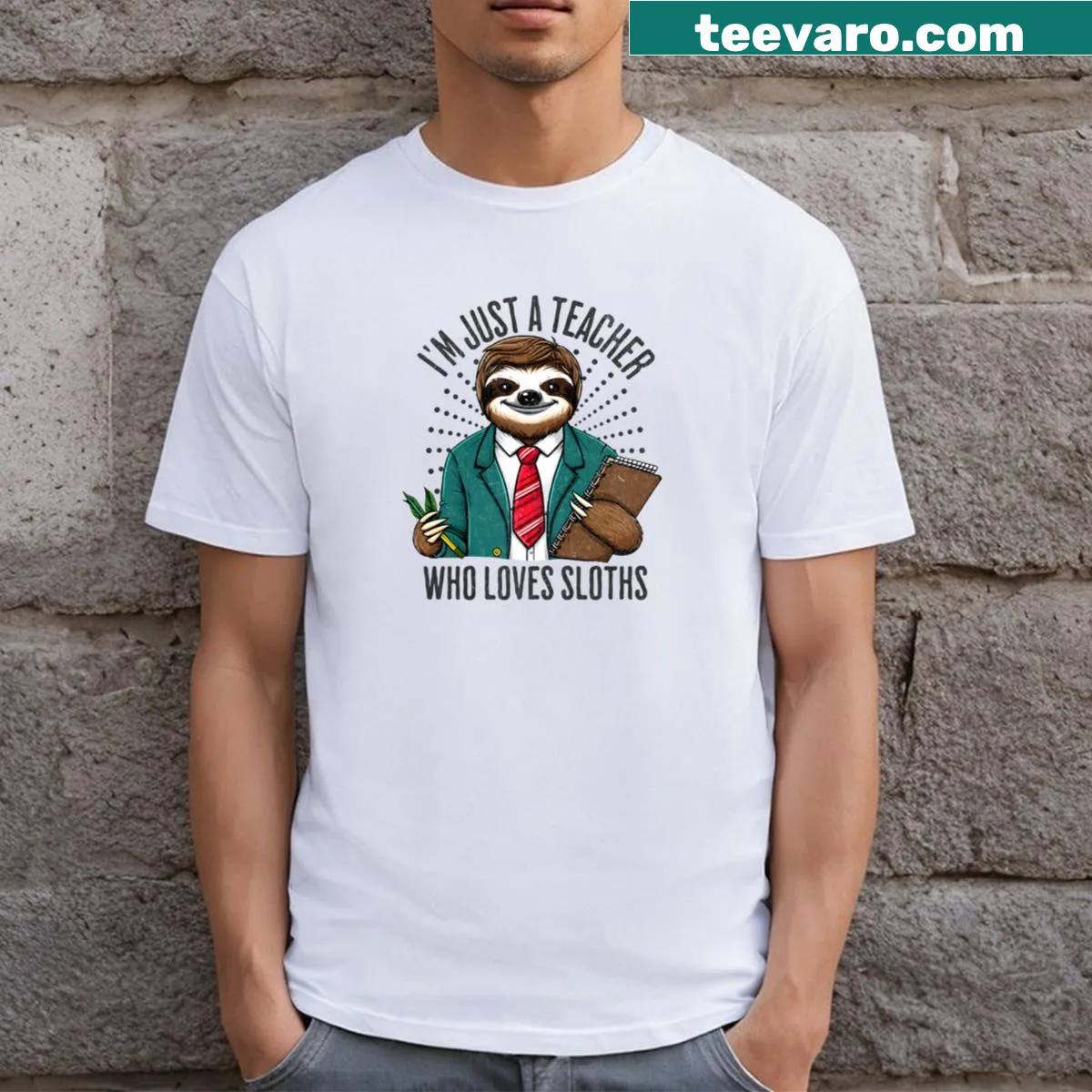 Funny teacher t-shirt featuring a sloth and the phrase about loving sloths — on a men's t-shirt