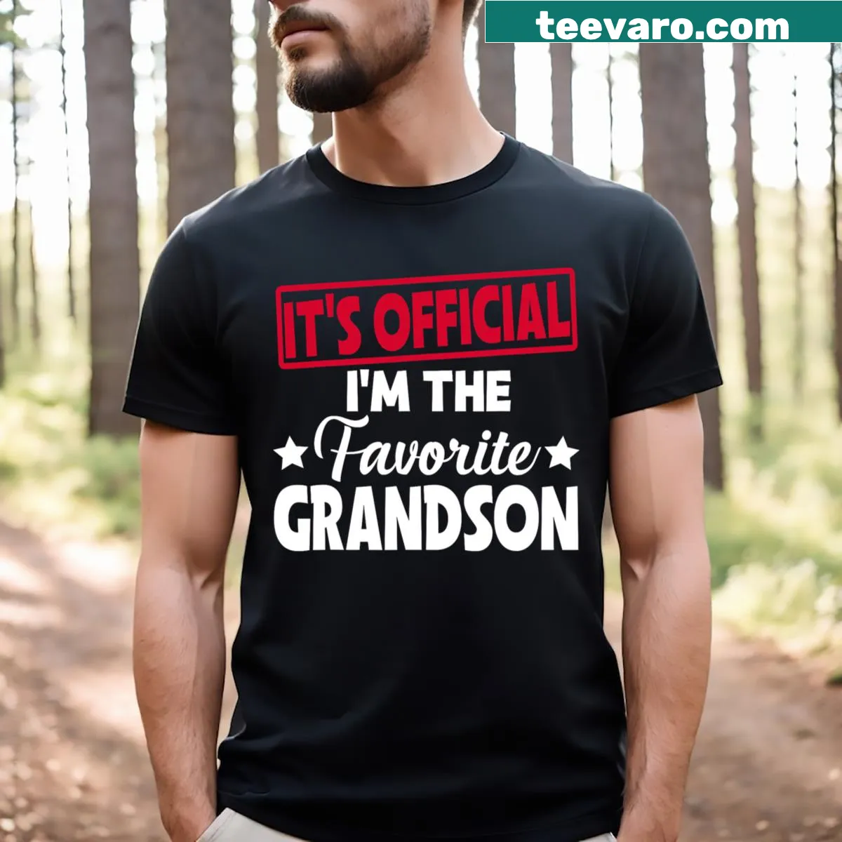 Funny T-shirt with the phrase 'It's Official I'm The Favorite Grandson' — on a men's t-shirt
