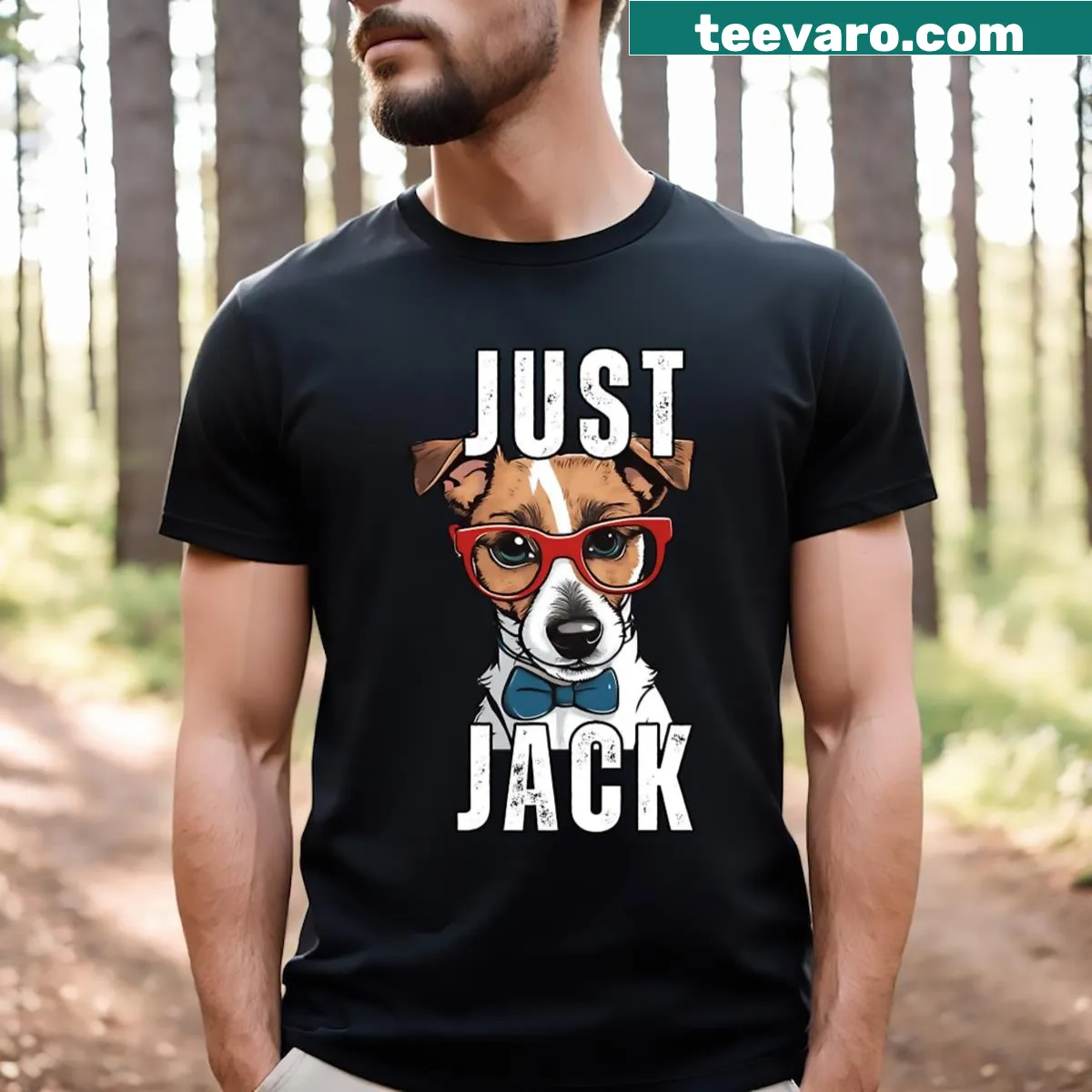 T-shirt with the phrase 'Just Jack' and an illustration of a Jack Russell Terrier — on a men's t-shirt