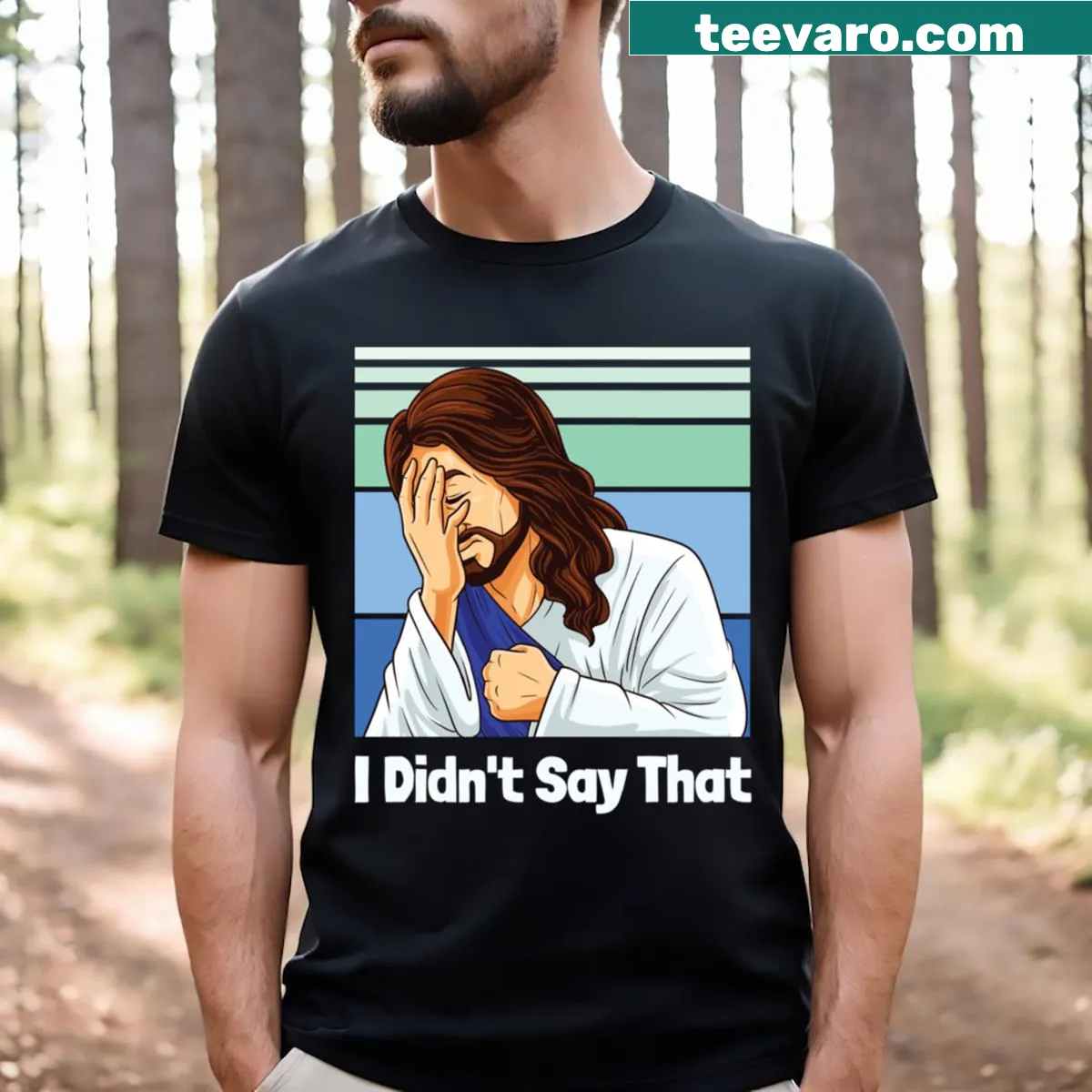Humorous t-shirt featuring Jesus with a face palm and funny text — on a men's t-shirt