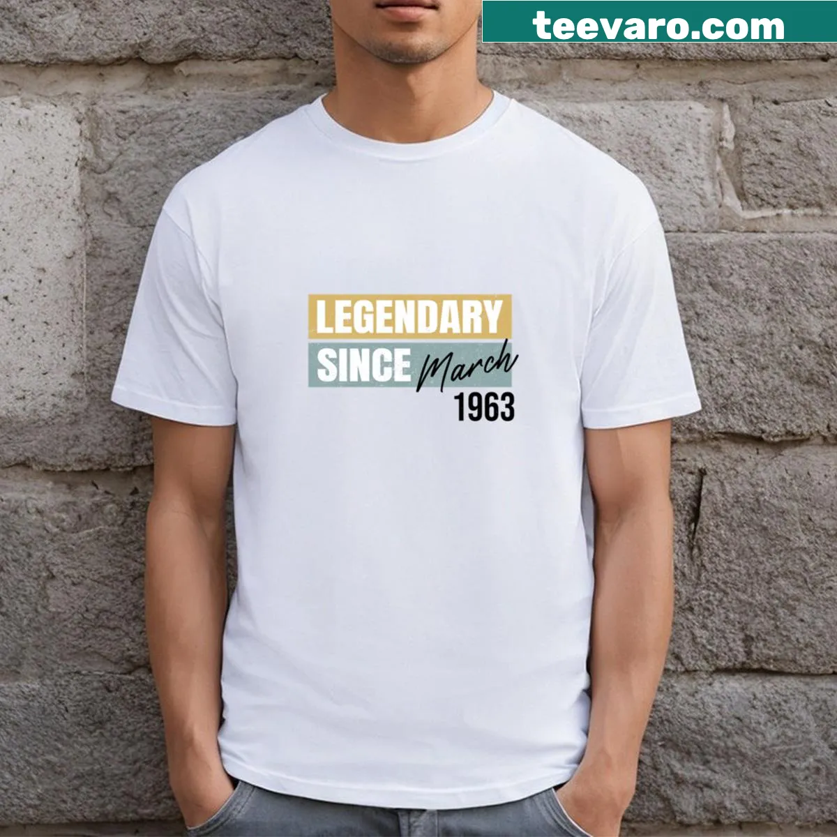 Retro birthday t-shirt with the quote 'Legendary Since March 1963' — on a men's t-shirt
