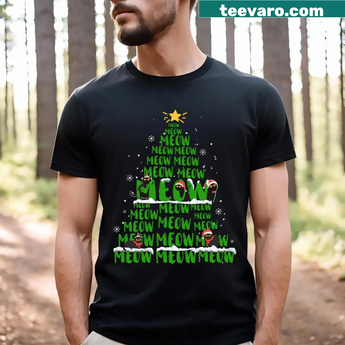 Funny Christmas t-shirt featuring cats around a Christmas tree — on a men's t-shirt