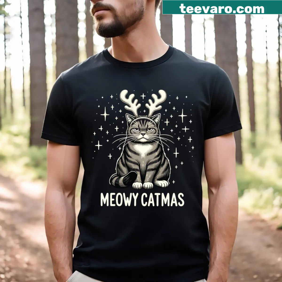 Funny Catmas t-shirt with an angry cat illustration — on a men's t-shirt
