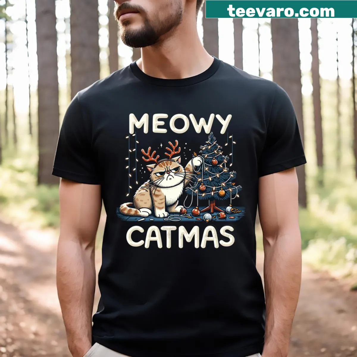 Cute kitten Christmas t-shirt with 'Meowy Catmas' text — on a men's t-shirt