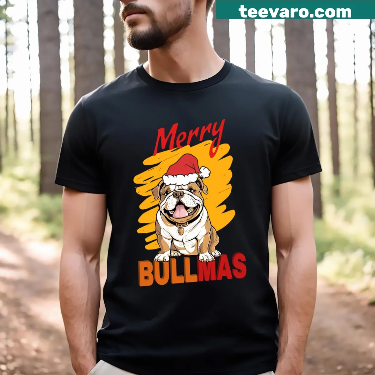 Illustration of a bulldog in festive attire for Christmas — on a men's t-shirt