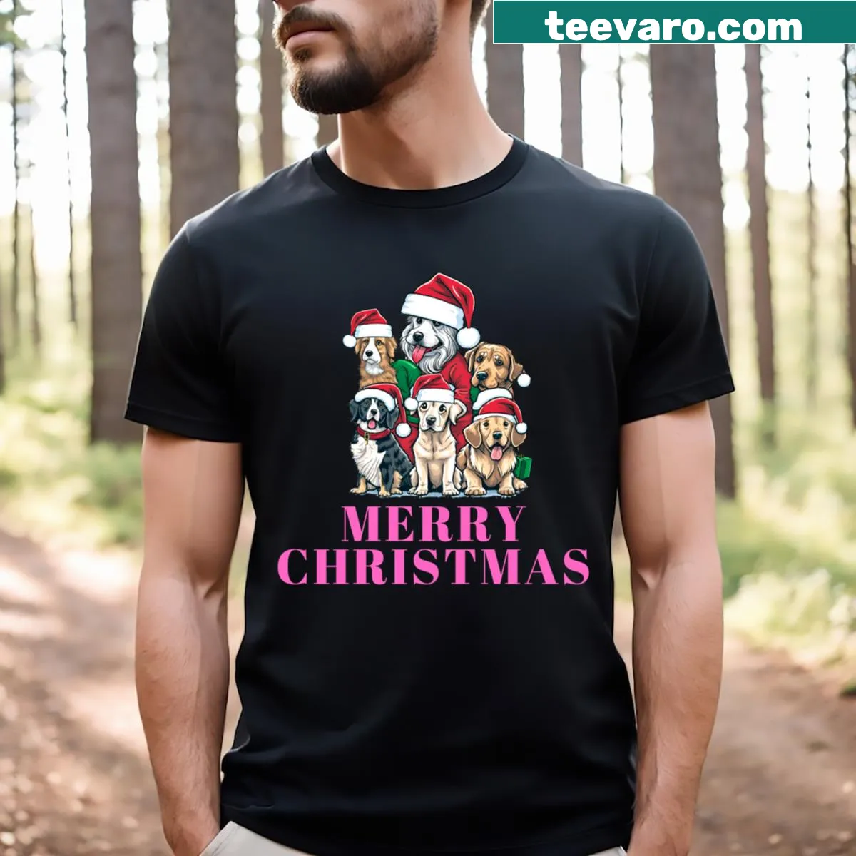 Graphic of dogs in Santa hats celebrating Christmas for dog lovers — on a men's t-shirt