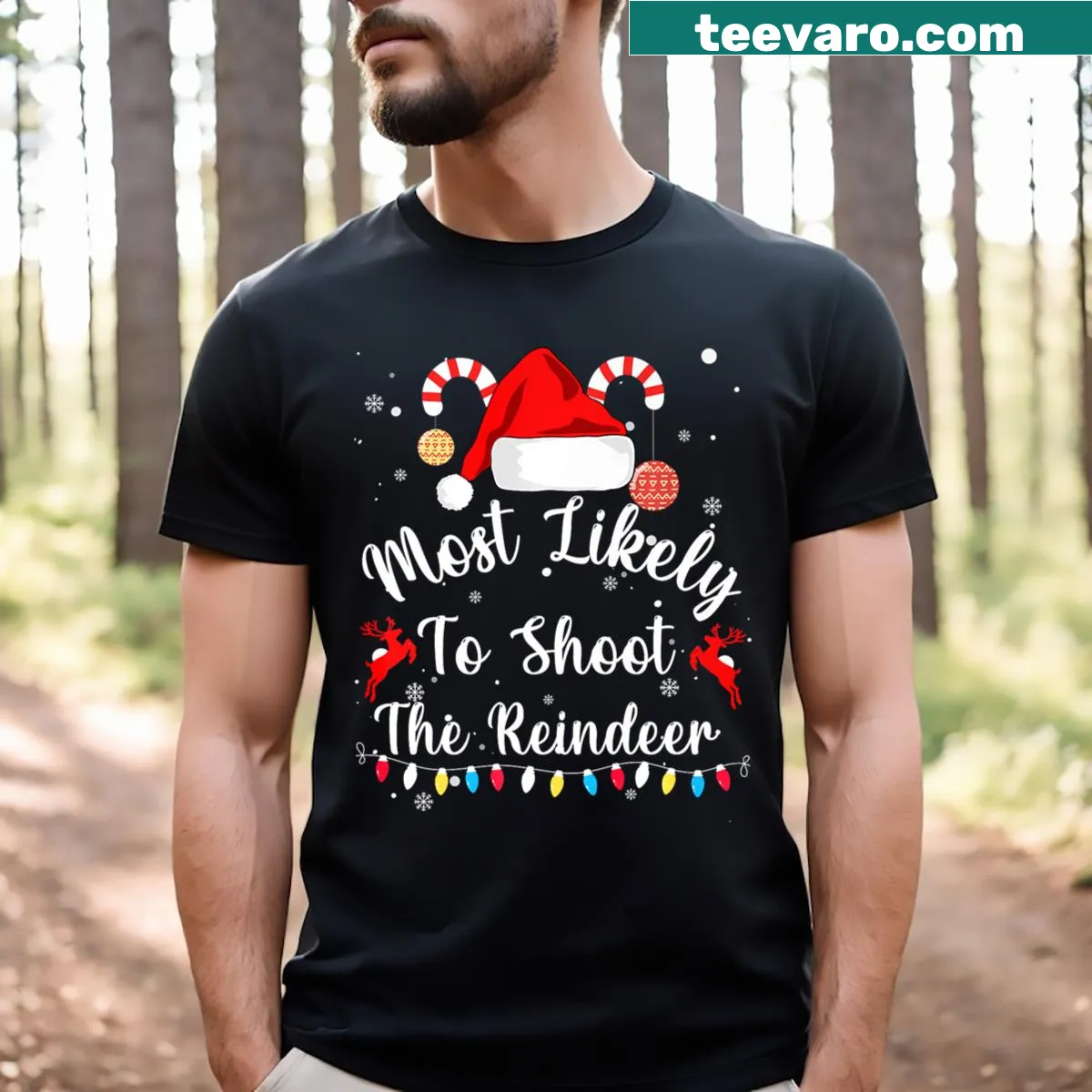 Funny Christmas T-shirt with a joke about shooting reindeer — on a men's t-shirt