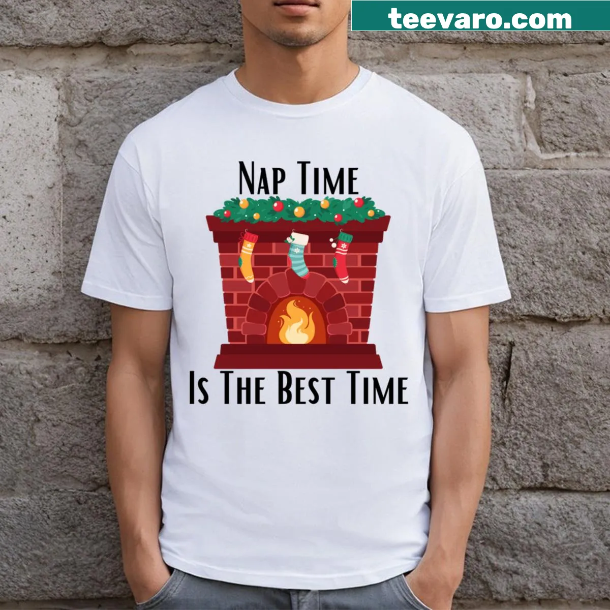 Funny Christmas T-shirt featuring 'Nap Time Is The Best Time' text — on a men's t-shirt