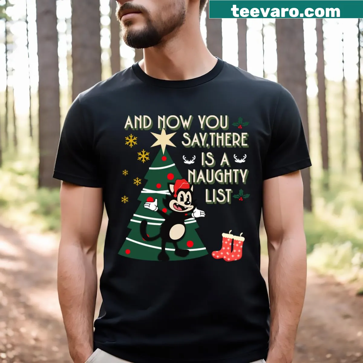 Funny Christmas T-shirt featuring a mischievous cat graphic — on a men's t-shirt